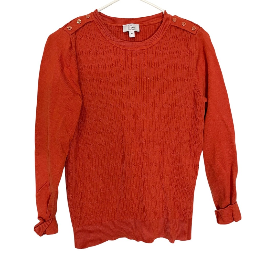 Kim Rogers M Orange Sweater Cable Knit Button Shoulder Preppy Nautical Coastal
